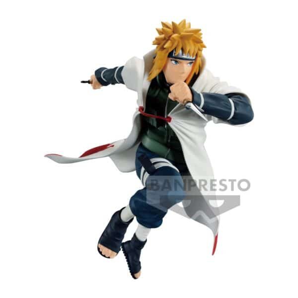 Cette figurine Minato Namikaze dans une pose dynamique dans sa tenue emblématique de Hokage, avec son manteau blanc frappé du symbole de Konoha et ses cheveux blonds distinctifs.