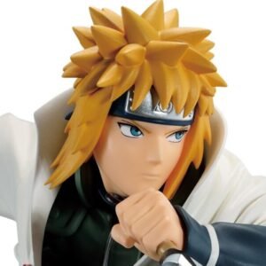 Cette figurine Minato Namikaze dans une pose dynamique dans sa tenue emblématique de Hokage, avec son manteau blanc frappé du symbole de Konoha et ses cheveux blonds distinctifs.